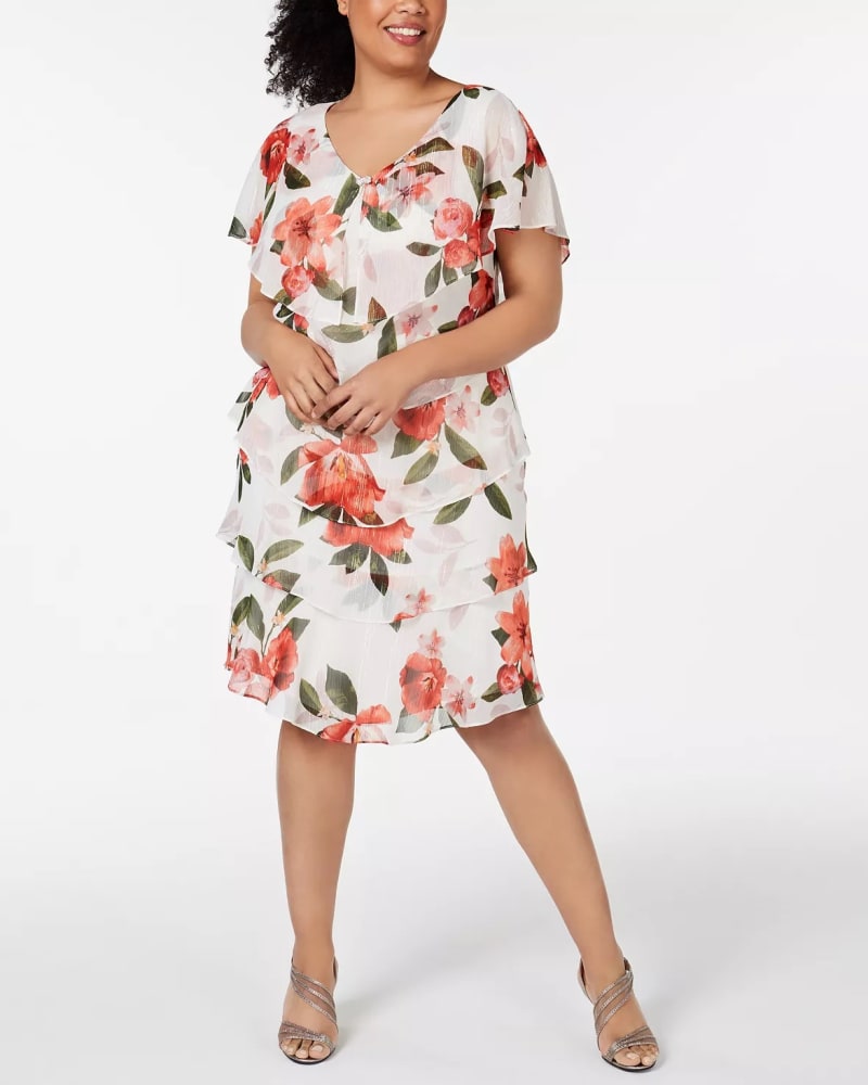 Front of a model wearing a size 18W SL Fashions Women's Plus Tiered Shift Dress White Size 18W in Red by SL Fashions. | dia_product_style_image_id:313025